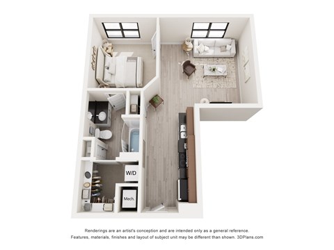 A 3D floor plan of a small apartment with a kitchen, living room, and bathroom.